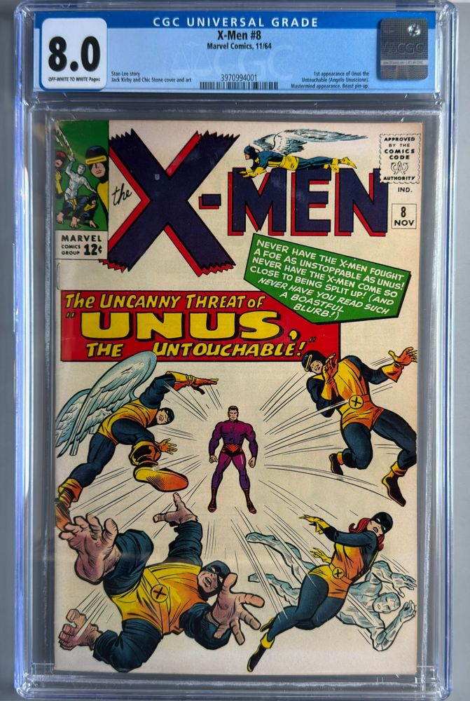 X-Men #8 CGC 8.0 Off-White to White Pages front cover and CGC label